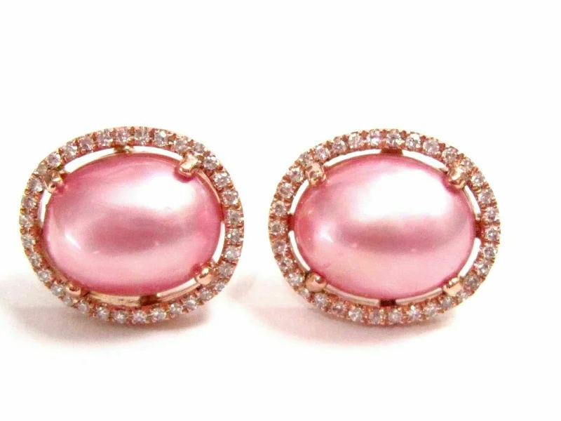 Affordable silver stud earrings-4.10 TCW Oval Pink Pearl & Diamond Stud Earrings Push Back F SI-1 14k Rose Gold