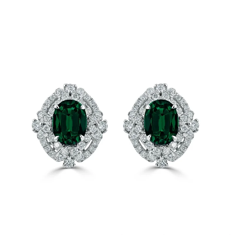 Designer gold hoop earrings-Auriya 2 1/4ct Vintage Oval-cut Emerald Halo Diamond Stud Earrings 5/8ctw 18k Gold