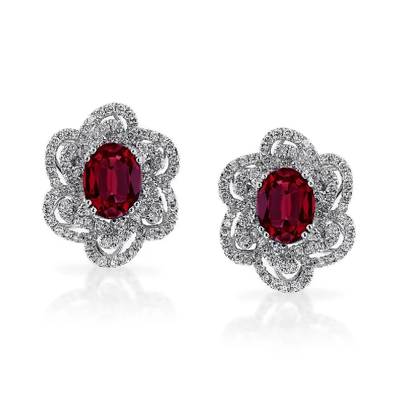 Affordable pearl rings for women-Auriya 2 3/4ct Fancy Oval-cut Red Ruby Halo Diamond Stud Earrings 9/10ctw 18k Gold