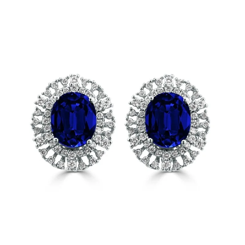 Elegant silver bangles for women-Auriya Fancy 7 5/8ct Blue Sapphire Oval and 1.08ct Diamond Halo Stud Earrings 18k Gold