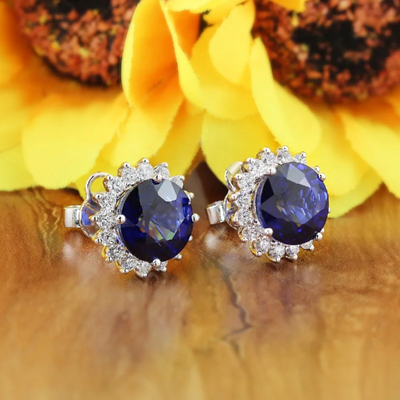 Designer statement necklaces on sale-Auriya Unique 8 3/4ct Royal Blue Sapphire and 1 1/4ctw Halo Diamond Stud Earrings 18K Gold