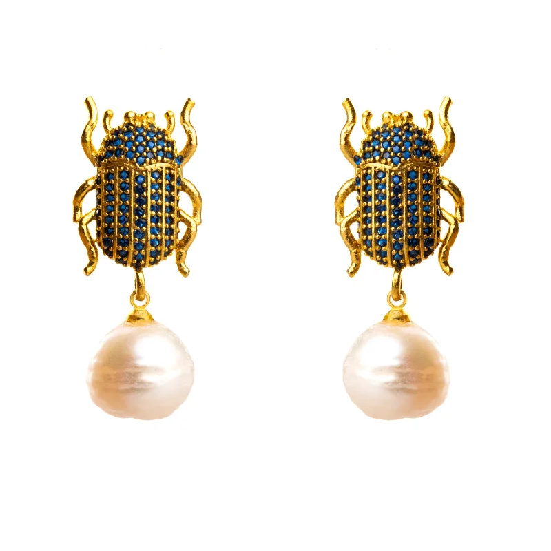 Designer turquoise rings for women-Egyptian Scarab Sapphire & Pearl Dangle Mystic Earrings