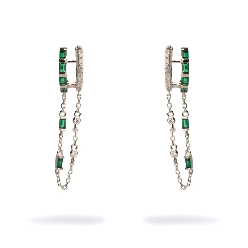 Stylish silver cuffs for women-Emerald Stone Design Sterling Silver & Diamond Dangle Earrings