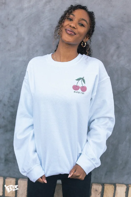 Trendy tie-dye shirts for teens-Alpha Chi Omega Cherry Crewneck