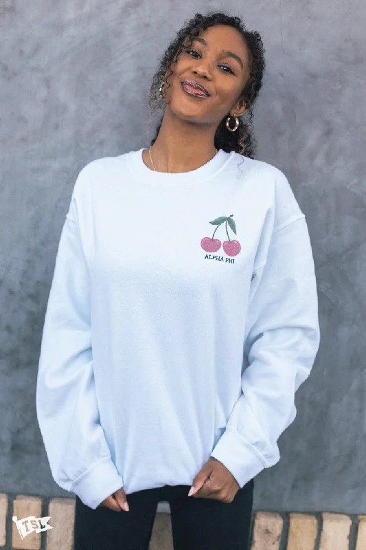 Elegant silk blouses for work-Alpha Phi Cherry Crewneck