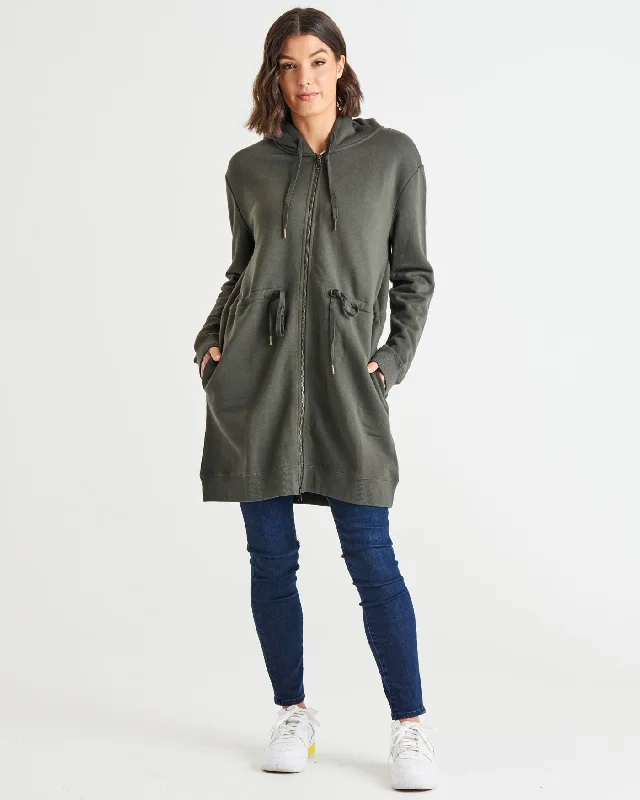 Affordable cardigans for layering-Betty Basics Anorak Sweat Jacket Khaki