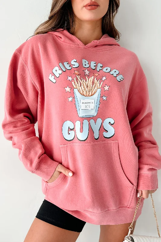 Affordable maxi dresses for weddings-"Fries Before Guys" Vintage Wash Graphic Hoodie (Pink) - Print On Demand