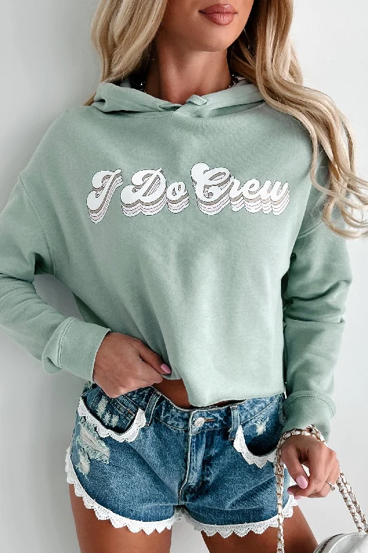 Affordable cardigans for layering-"I Do Crew" Metallic Graphic Crop Hoodie (Sage) - Print On Demand