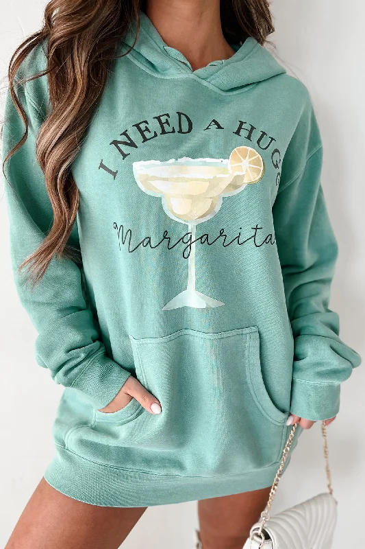 Casual bomber jackets for women-"I Need A Huge Margarita" Vintage Wash Graphic Hoodie (Mint) - Print On Demand