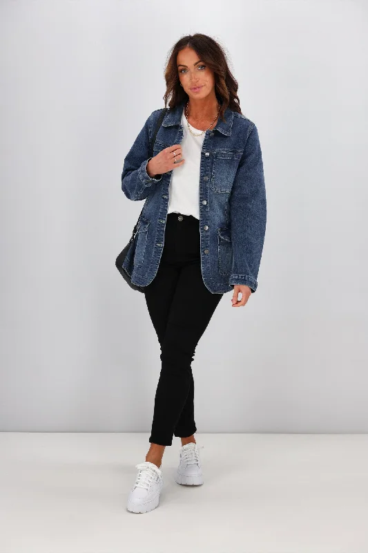 Trendy cargo skirts for women-Shine On Label Ezra Denim Utility Jacket Indigo