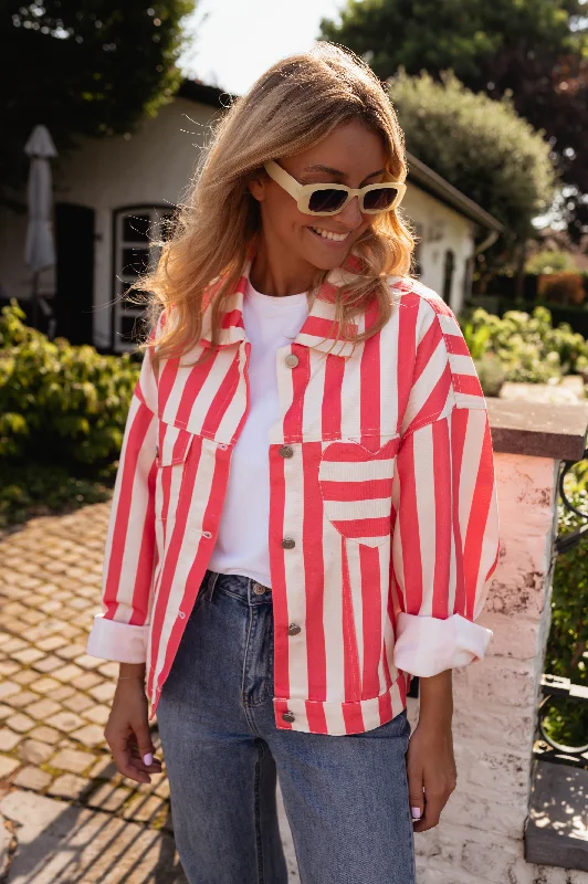 Elegant wrap tops for evening-Striped Ecru and Coral Balya Jacket