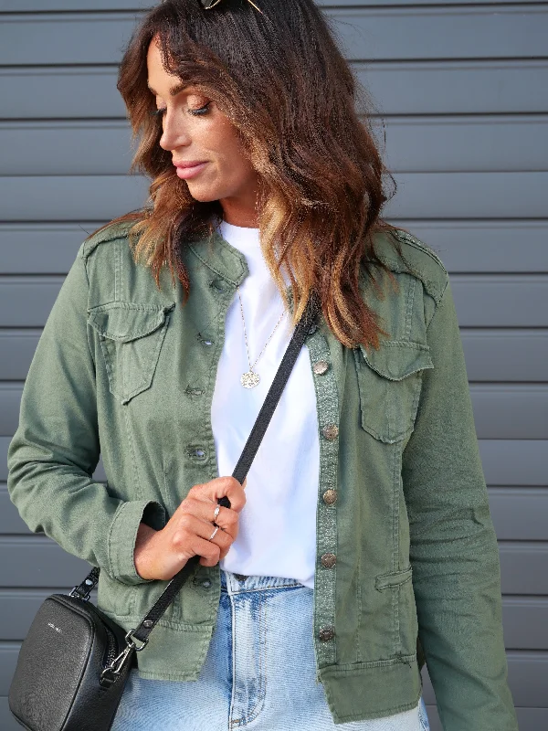 Affordable jumpsuits for women-Threadz Military Denim Jacket Khaki