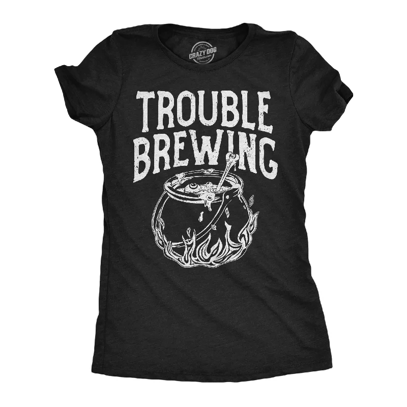 Trendy tie-dye shirts for teens-Womens Funny T Shirts Trouble Brewing Sarcastic Halloween Graphic Tee For Ladies