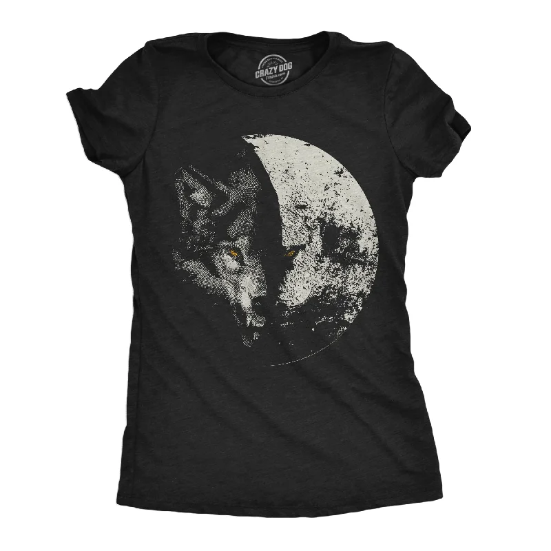 Cute off-shoulder tops for summer-Womens Funny T Shirts Wolf Moon Cool Space Graphic Tee For Ladies