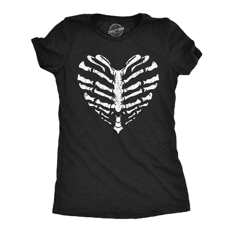 Elegant lace tops for parties-Womens Skeleton Ribcage Heart Funny T Shirt Spooky Novelty Tee For Ladies