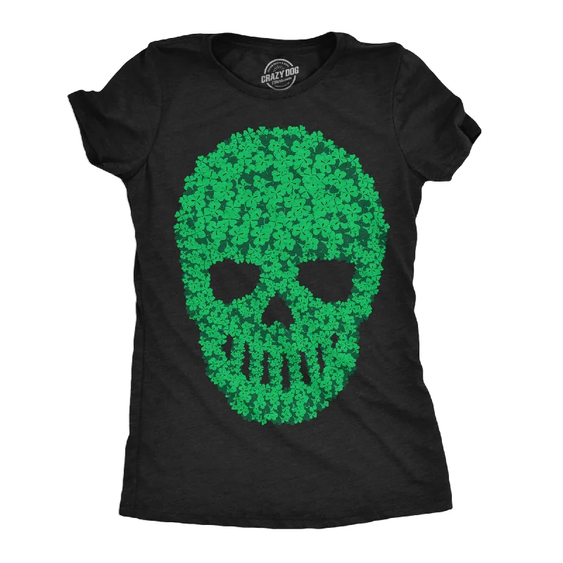 Luxury evening dresses with sequins-Womens Skull Of Clovers T Shirt Funny St Pattys Day Four Leaf Clover Skeleton Tee For Ladies