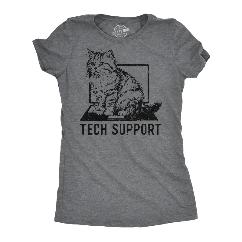 Bold animal print tops-Womens Tech Support Funny T Shirts Cute Kitten Graphic Tee For Ladies