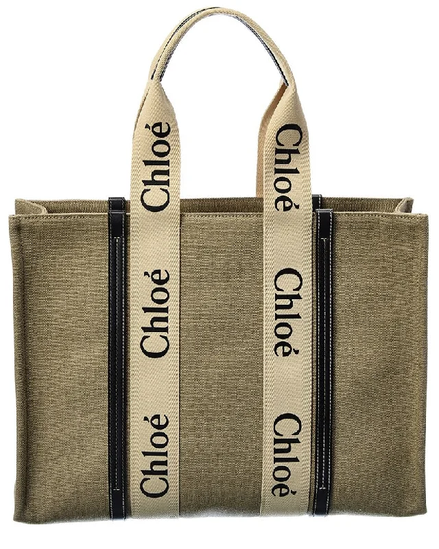 Compact wristlet bags for women-Chloe Woody Large Canvas & Leather Tote