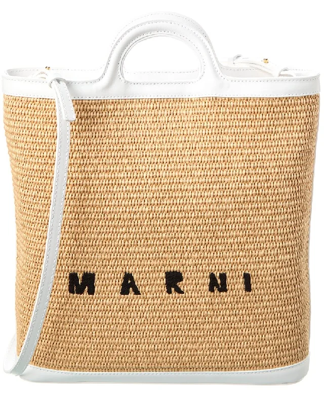 Affordable travel purses with RFID-Marni Tropicalia Leather-Trim Tote, Brown