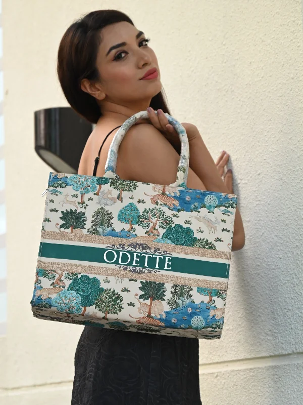 Multi-pocket organizer bags for women-Odette Green Vintage Jungle Print Tote Bag for Women