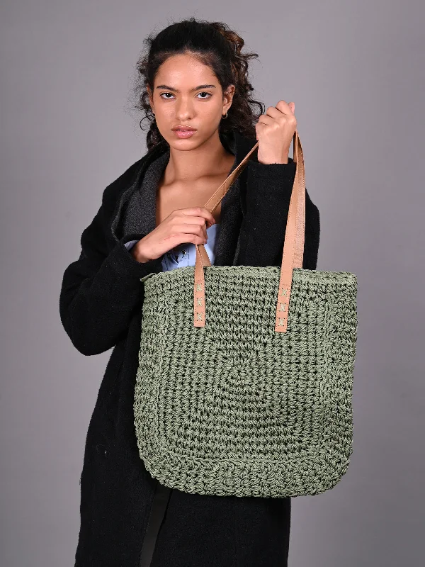 Waterproof gym bags for women-Odette Green Woven Spacious Tote Bag For Women