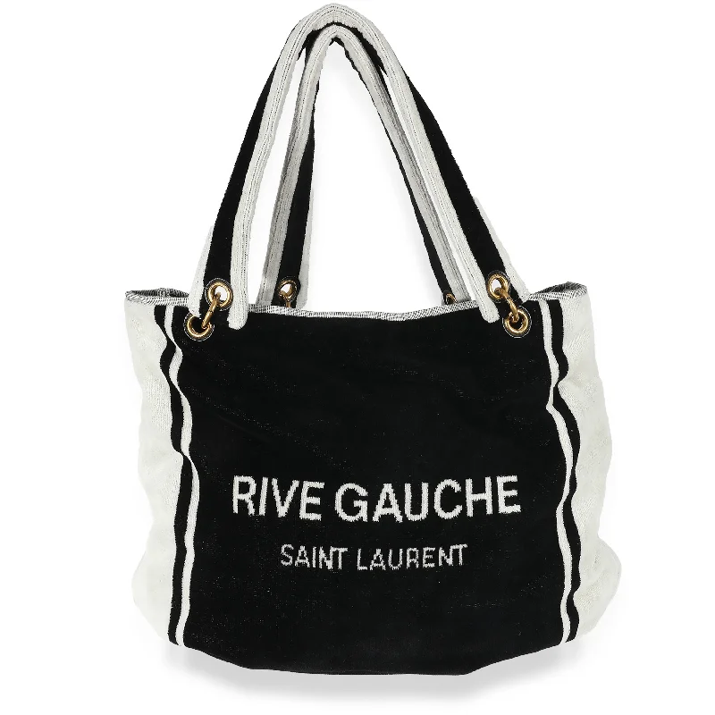 Bold geometric pattern purses-Saint Laurent Rive Gauche Black White Terry Cloth Beach Towel Tote