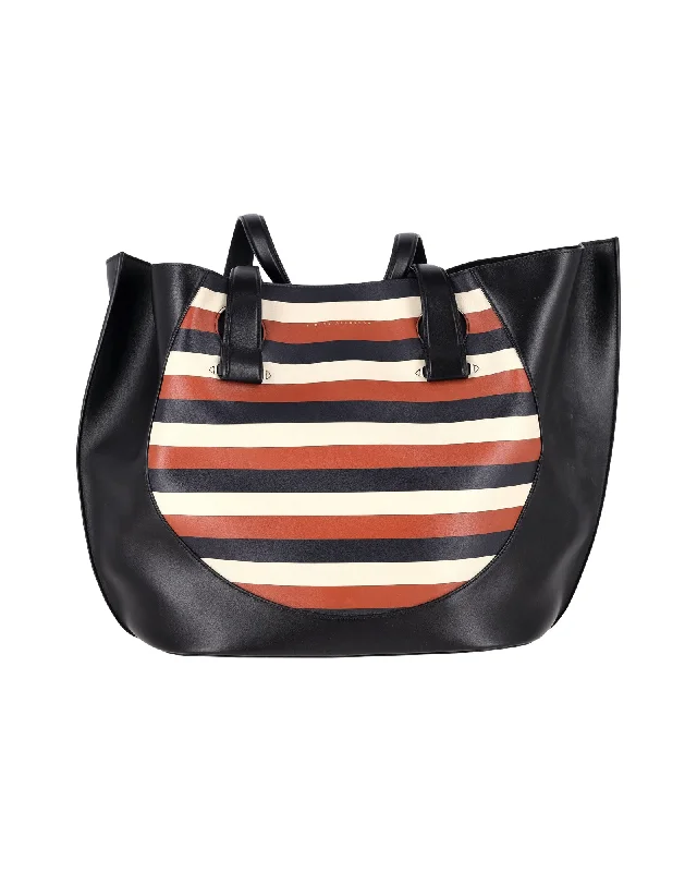 Statement fringe bags for festivals-Victoria Beckham Tulip Small Striped Tote Bag in Black Leather