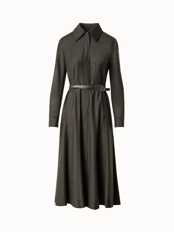 Vintage-inspired leather satchels-Wool Flannel Midi Dress with Double Leather Belt