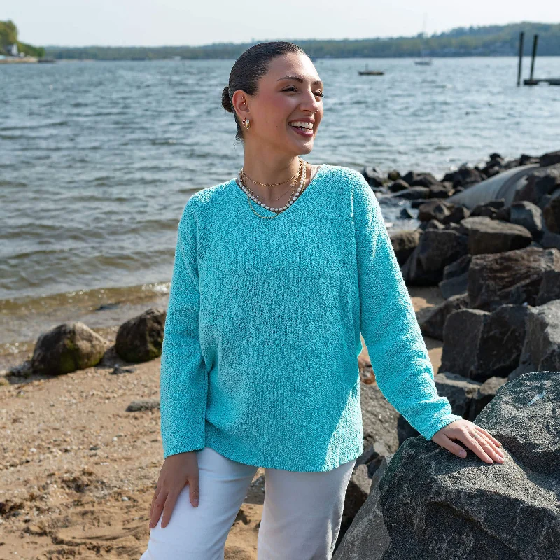 Elegant maxi skirts for weddings-Avalin V-Neck Scramble Stitch Sweater - Turquoise