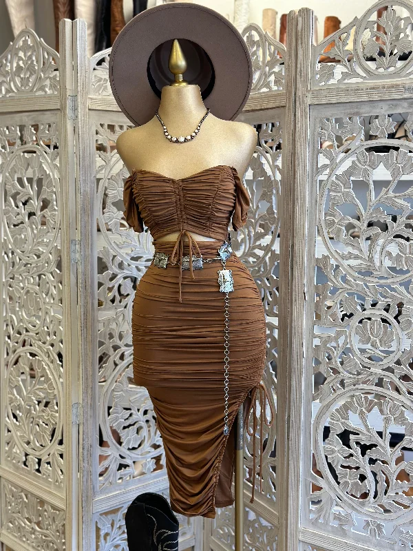 Stylish crop tops for summer-Brown Ruched Cutout Dress- Stretchy