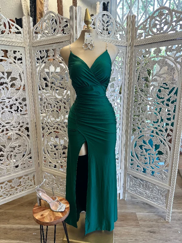 Elegant cocktail tops for parties-Green Rhinestone Strap Dress