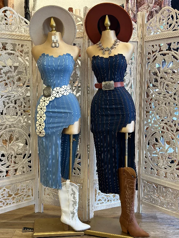 Vintage sundresses with sleeves-Denim Heart Lined Slit Dress- Stretchy