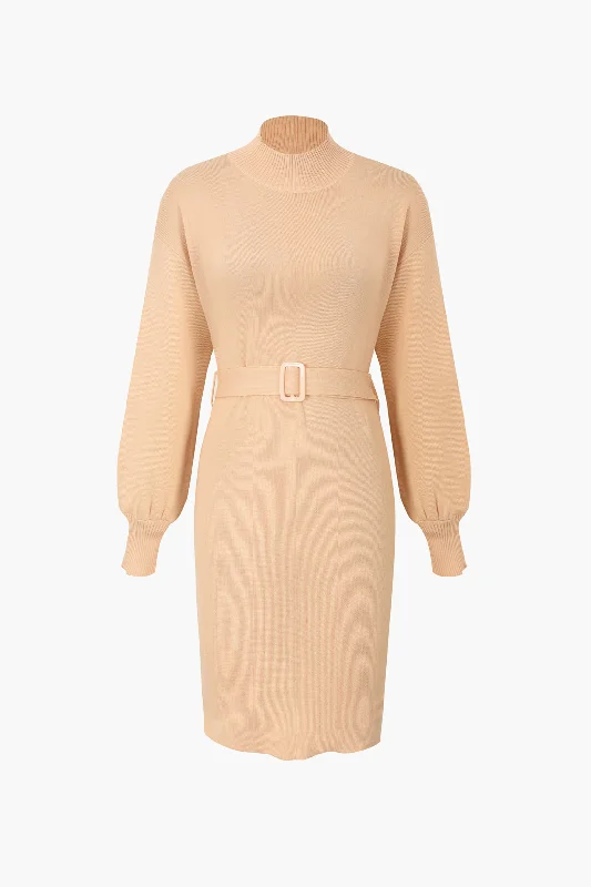 Casual turtleneck sweaters for women-Balloon Sleeve Belted Sweater Dress