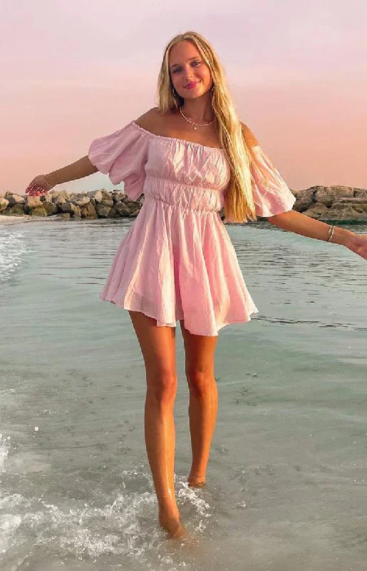 Affordable jumpsuits for women-Paradise Puff Sleeve Dress Pink