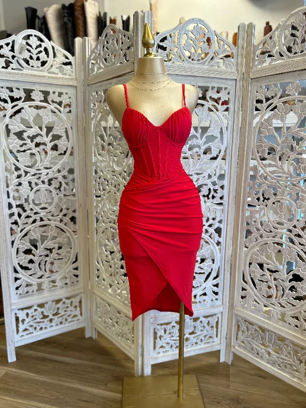 Vintage-inspired sundresses-Red Corset Draped Dress- Super Stretchy