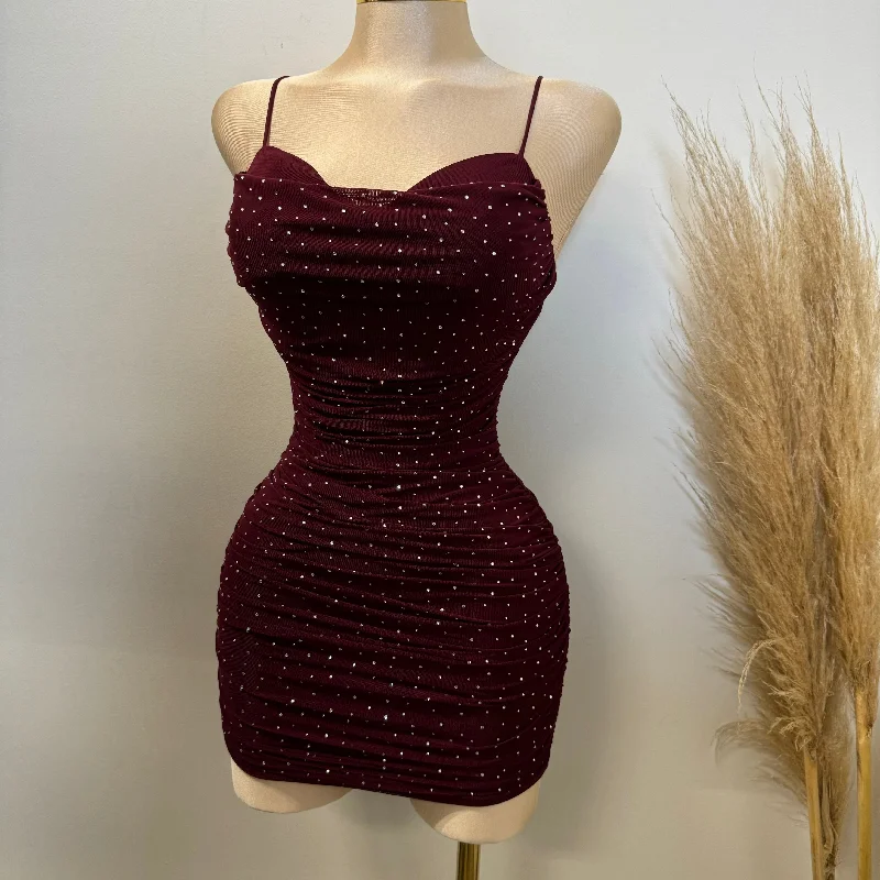 Cute off-shoulder tops for summer-Ruby Rhinestone Dress-Burgundy