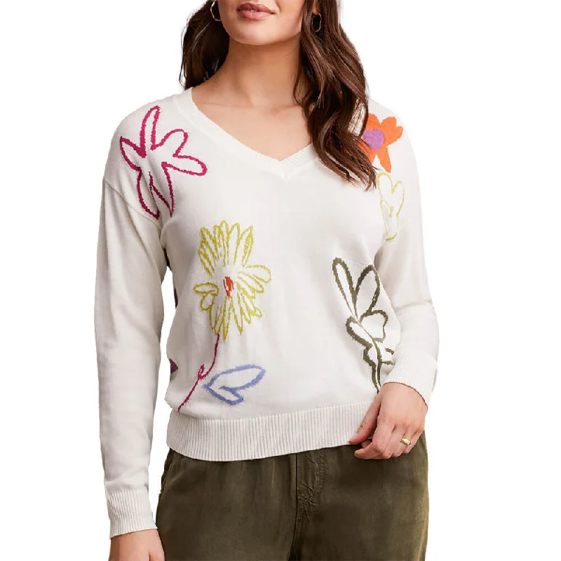 Casual t-shirts for women-Tribal V-Neck Drop Shoulder Jacquard Sweater - Eggshell Multi