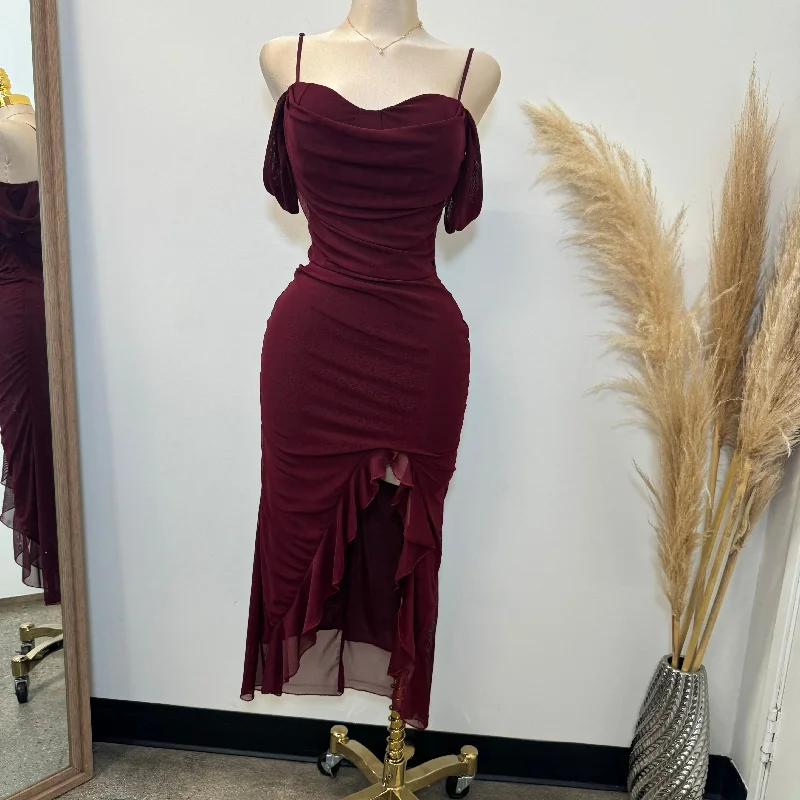 Vintage sundresses with sleeves-Zavala Mesh Dress-Burgundy