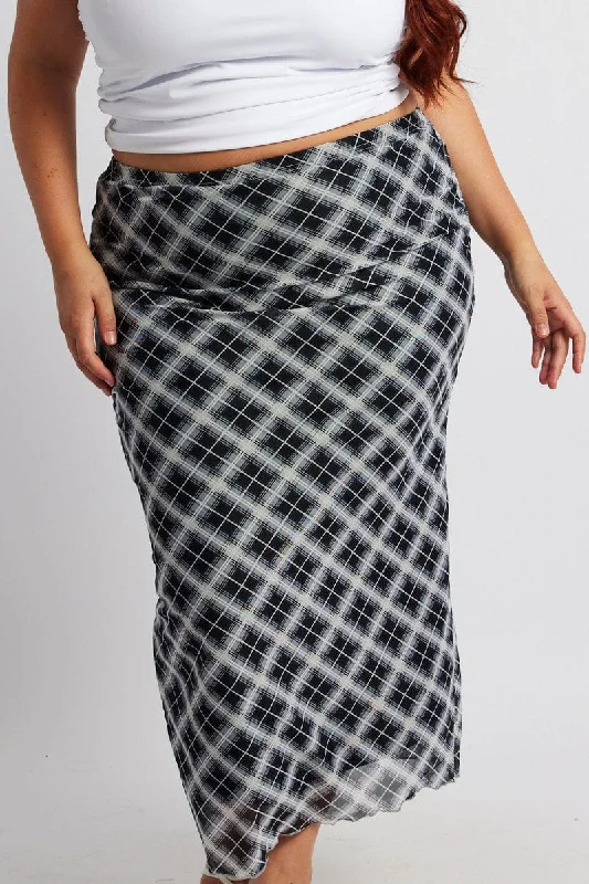 Casual linen pants for women-Black Check Plaid Mesh Bodycon Midi Skirt