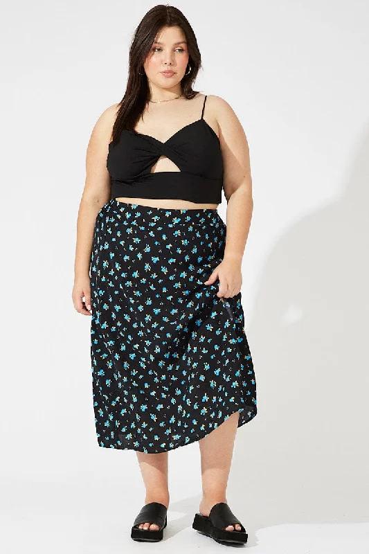 Stylish crop tops for summer-Black Ditsy Split Front Midi Skirt Ditsy Print