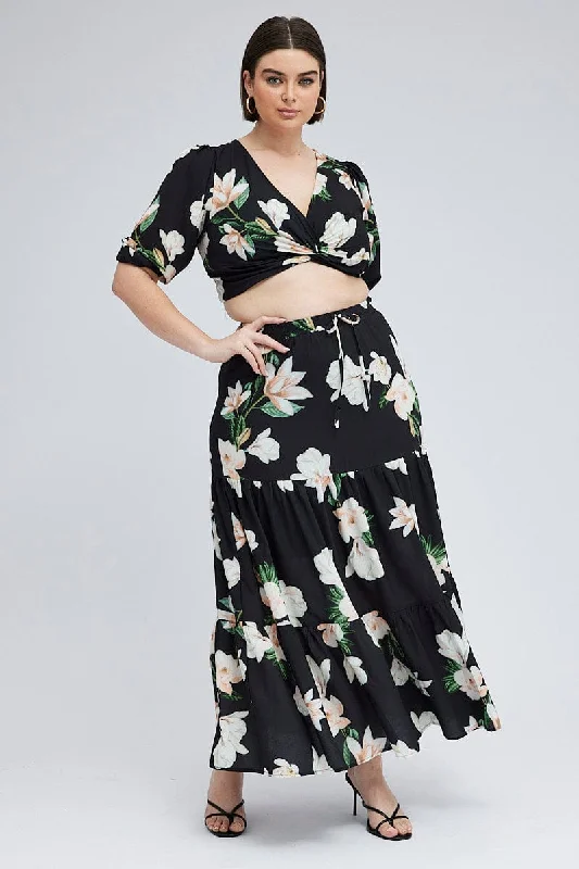 Elegant satin tops for women-Black Floral Elastic Waist Maxi Skirt