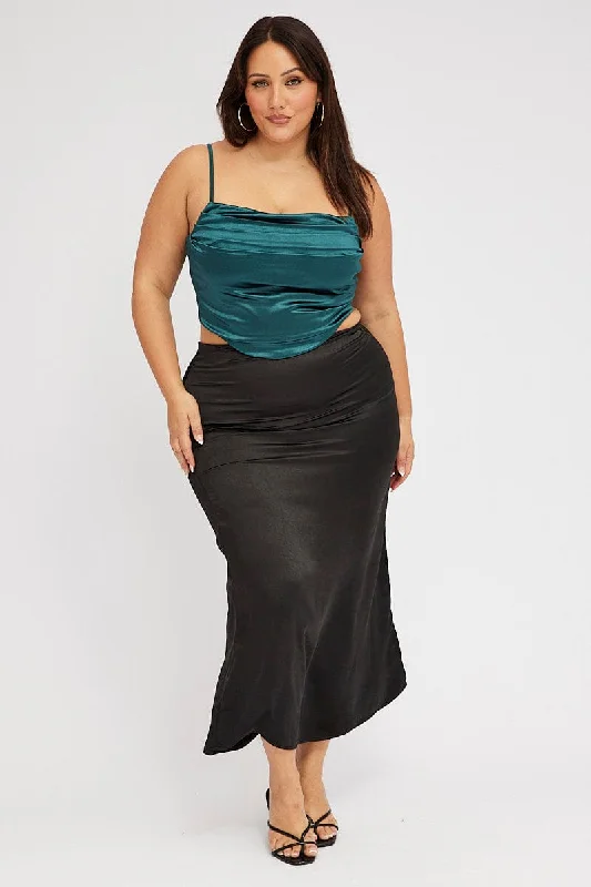 Vintage leather pants for women-Black Satin Split Maxi Skirt