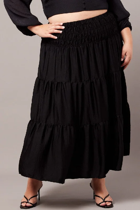 Stylish jumpsuits for casual outings-Black Shirred Waist Maxi Skirt