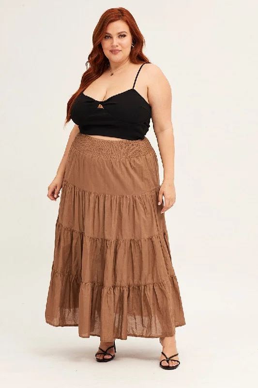 Luxury knit sweaters for women-Brown Maxi Skirt Cotton Blend Tie