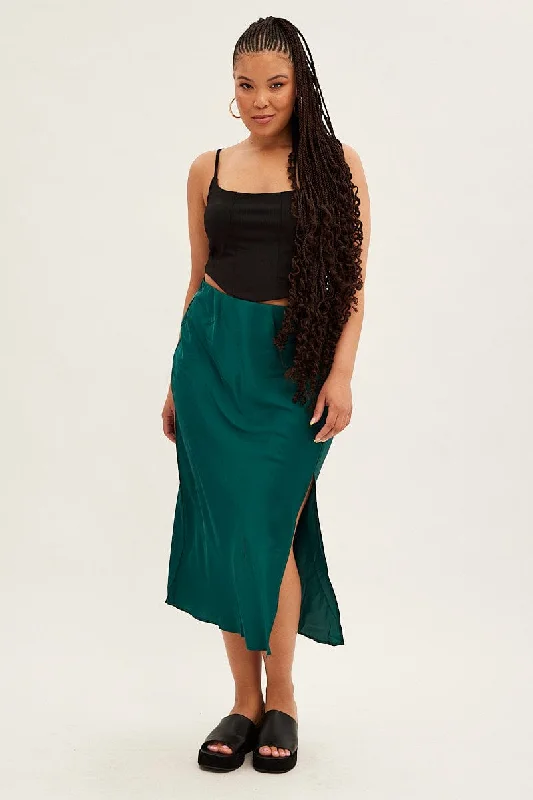 Cute off-shoulder tops for summer-Green Midi Skirt Bias Satin With Split