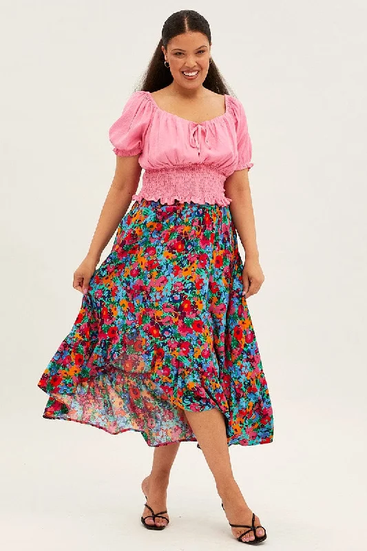 Designer knit tops for winter-Multi Floral Print Maxi Skirt