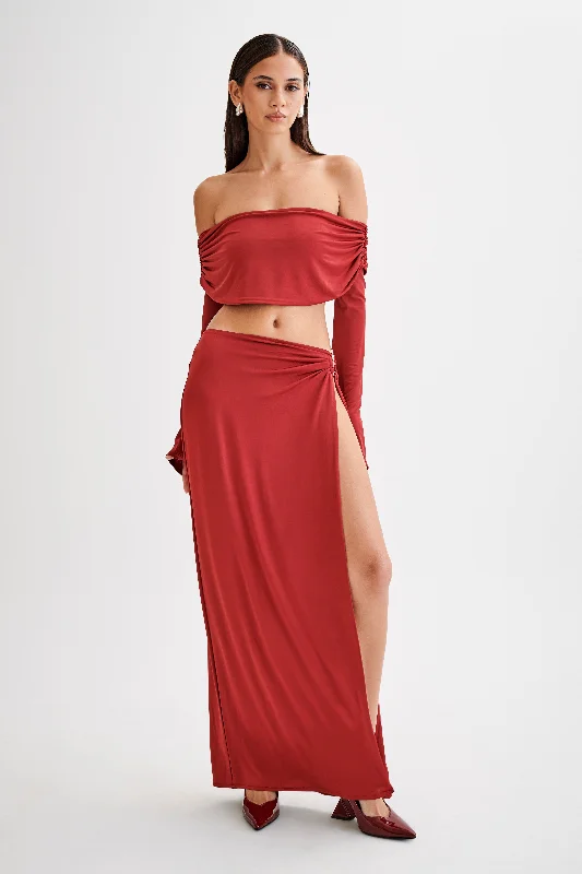 Stylish high-low dresses-Suri Slinky Maxi Skirt With Silver Hardware - Cherry Red