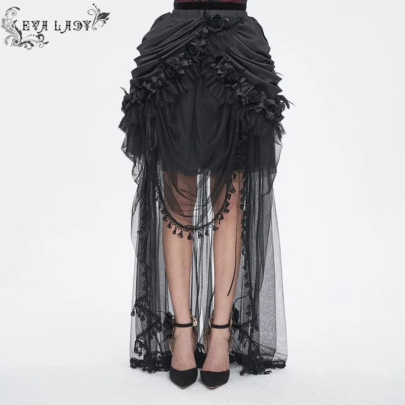 Designer knit tops for winter-Women's Gothic Drawstring Rose Mesh Splice Skirt