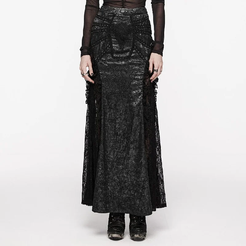 Luxury velvet dresses for parties-Women's Gothic Floral Embroidered Lace Splice Skirt Black