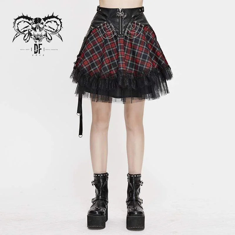 Luxury wool coats for women-Women's Gothic Strappy Mesh Plaid Skirts With Chains